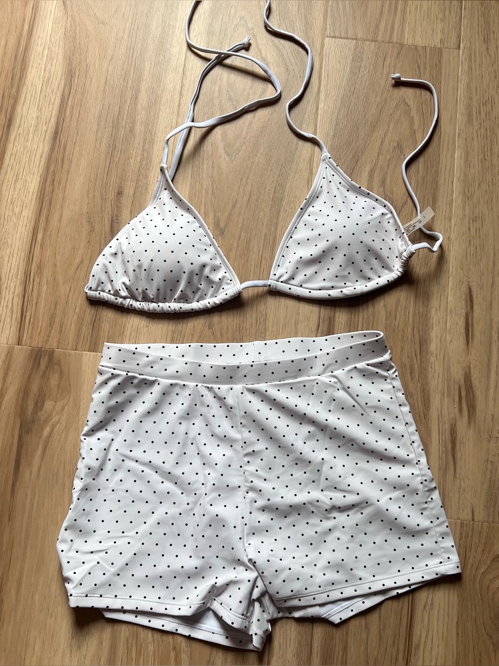 Amazon White Polka Dot Triangle Bikini with Swim shorts NWOT